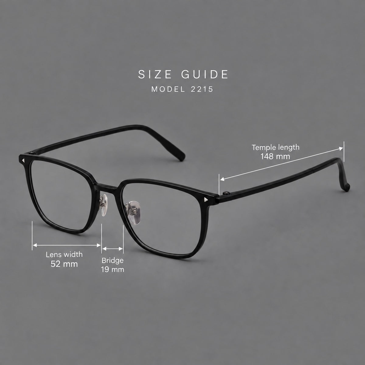 Refined rectangular plastic eyeglasses with raised outer corners and clear nose pads, size guide in millimetres
