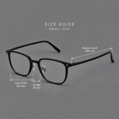 Refined rectangular plastic eyeglasses with raised outer corners and clear nose pads, size guide in millimetres additional product view