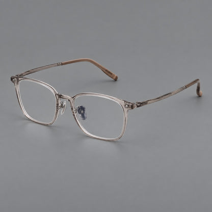 Classic soft square plastic eyeglasses with a gently curved browline and corner studs in Grey Tea, three quarter view additional product view