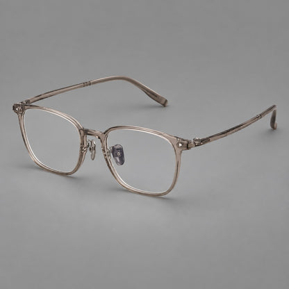 Classic soft square plastic eyeglasses with a gently curved browline and corner studs in Grey Brown, three quarter view lens detail
