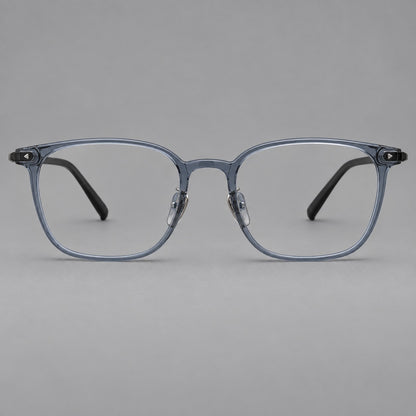 Classic soft square plastic eyeglasses with a gently curved browline and corner studs in Slate Blue, front view additional product view