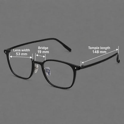 Classic soft square plastic eyeglasses with a gently curved browline and corner studs, size guide in millimetres additional product view
