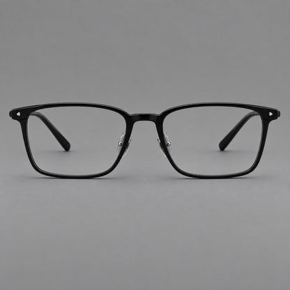 Clean rectangular plastic eyeglasses with flat lower rims and pointed corner details in Glossy Black, front view side view