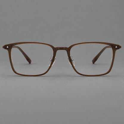 Clean rectangular plastic eyeglasses with flat lower rims and pointed corner details in Tea Brown, front view additional product view