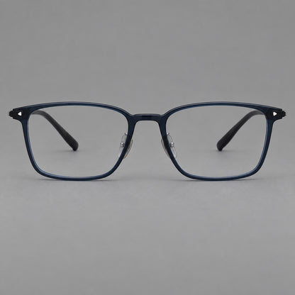 Clean rectangular plastic eyeglasses with flat lower rims and pointed corner details in Blue, front view additional product view