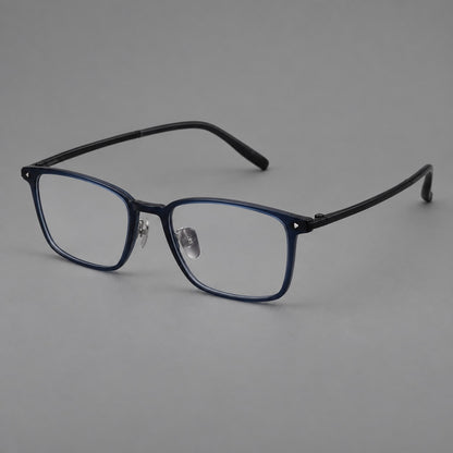 Clean rectangular plastic eyeglasses with flat lower rims and pointed corner details in Blue, three quarter view additional product view