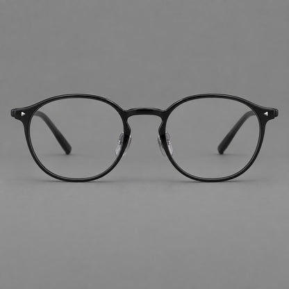 Vintage round plastic eyeglasses with a curved bridge and subtle triangular accents in Glossy Black, front view side view