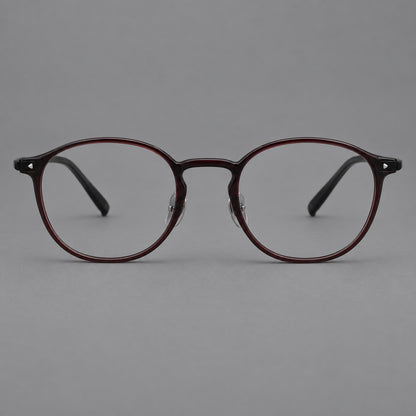 Vintage round plastic eyeglasses with a curved bridge and subtle triangular accents in Deep Wine Red, front view additional product view