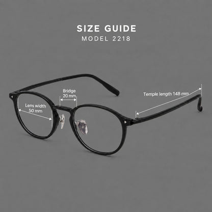 Vintage round plastic eyeglasses with a curved bridge and subtle triangular accents, size guide in millimetres additional product view