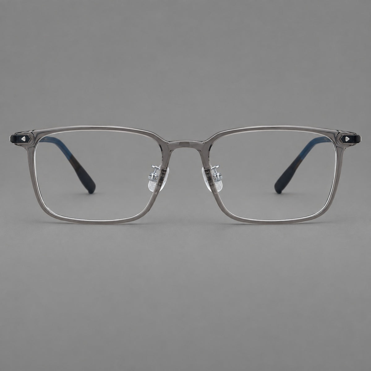 Everyday rectangular plastic eyeglasses with rounded edges and a narrow bridge in Medium Grey, front view