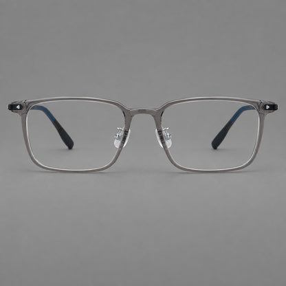 Everyday rectangular plastic eyeglasses with rounded edges and a narrow bridge in Medium Grey, front view frame detail