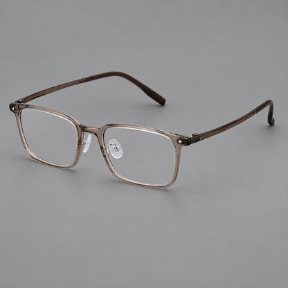 Everyday rectangular plastic eyeglasses with rounded edges and a narrow bridge in Grey Brown, three quarter view additional product view