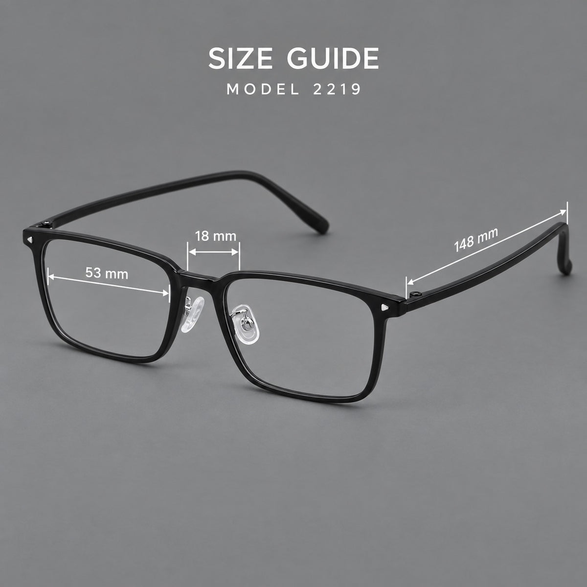 Everyday rectangular plastic eyeglasses with rounded edges and a narrow bridge, size guide in millimetres