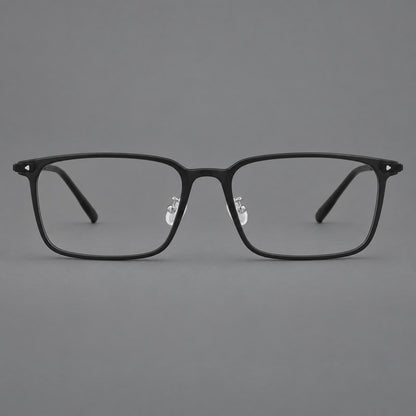 Wide rectangular plastic eyeglasses with an angular browline and slender rims in Matte Black, front view temple detail