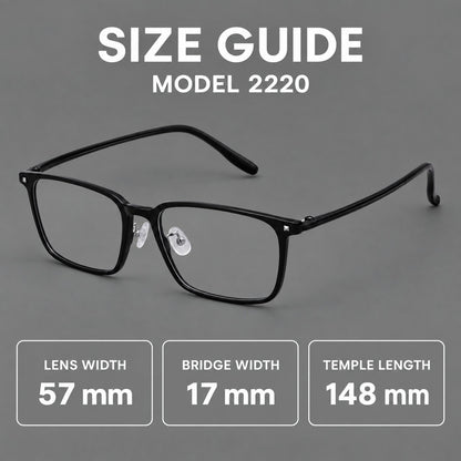 Wide rectangular plastic eyeglasses with an angular browline and slender rims, size guide in millimetres additional product view