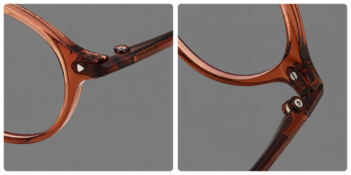 Retro round plastic eyeglasses with softly lifted corners and a sculpted bridge, frame details