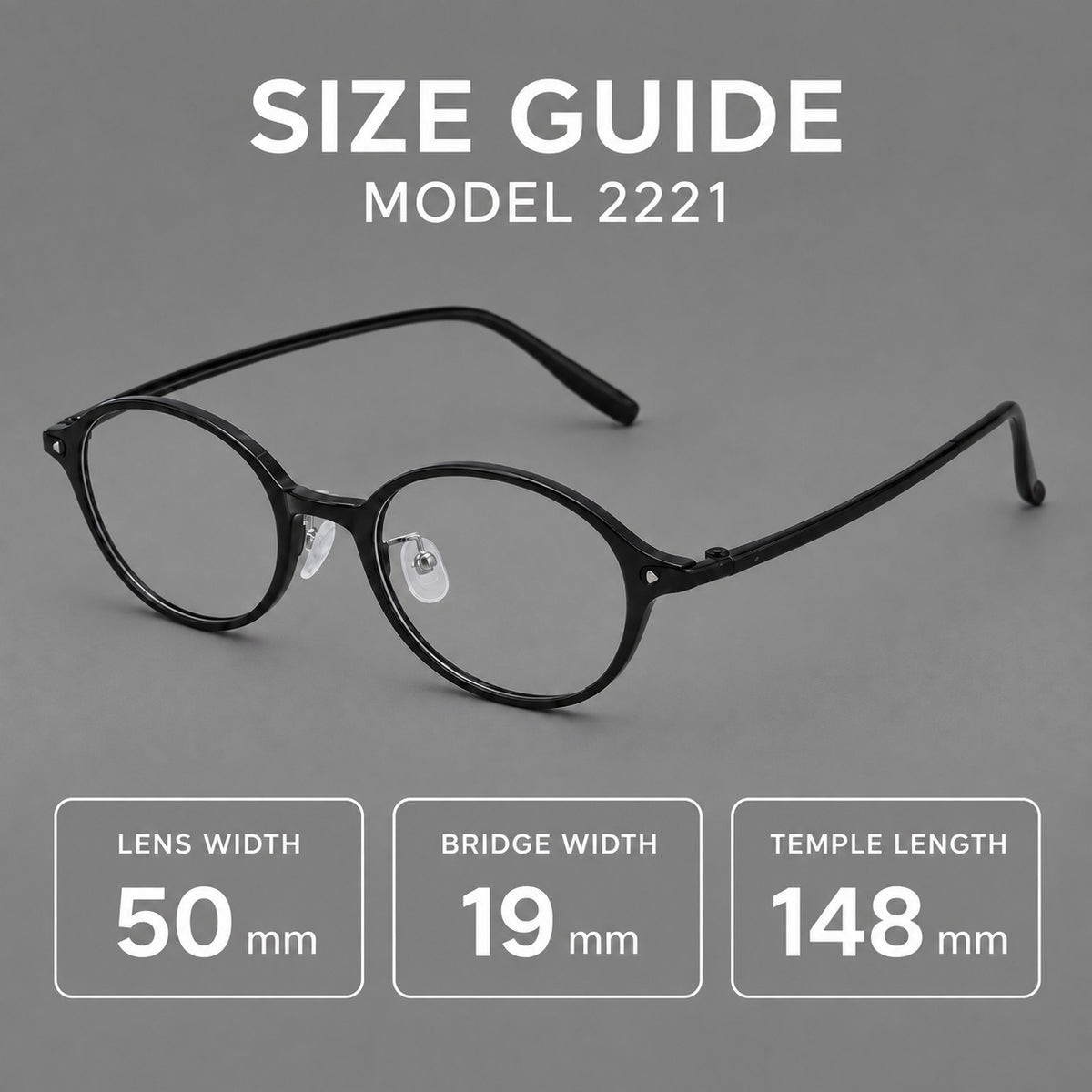 Retro round plastic eyeglasses with softly lifted corners and a sculpted bridge, size guide in millimetres