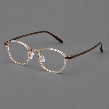 Panto plastic eyeglasses with a rounded silhouette and triangular corner studs in Tea, three quarter view additional product view