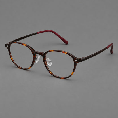 Panto plastic eyeglasses with a rounded silhouette and triangular corner studs in Tortoiseshell, three quarter view additional product view