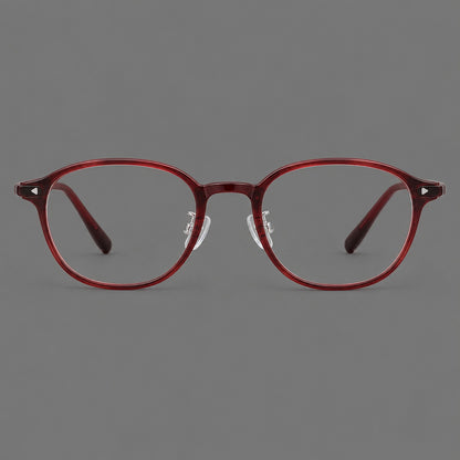 Panto plastic eyeglasses with a rounded silhouette and triangular corner studs in Burgundy, front view temple detail
