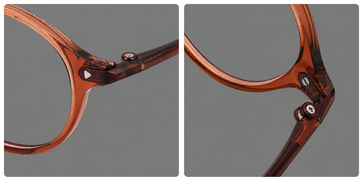 Panto plastic eyeglasses with a rounded silhouette and triangular corner studs, frame details