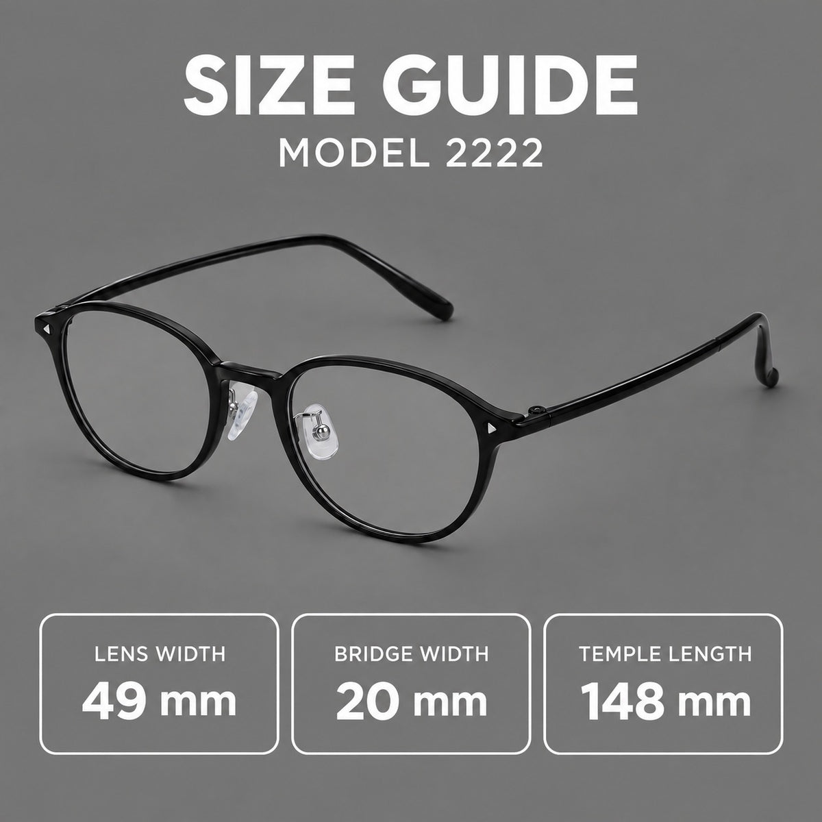 Panto plastic eyeglasses with a rounded silhouette and triangular corner studs, size guide in millimetres