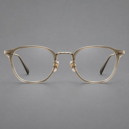Retro soft square eyeglasses in acetate and titanium with a curved bridge and slender temples in Tea Gradient / Light Gold, front view additional product view