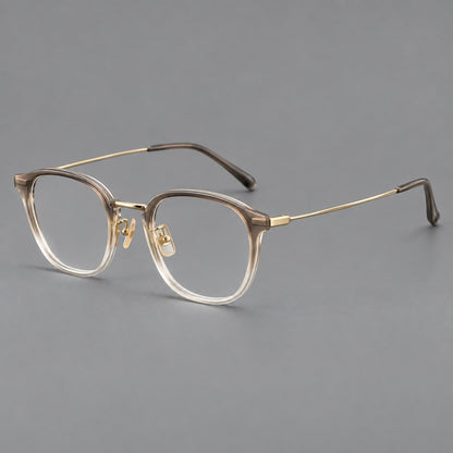 Retro soft square eyeglasses in acetate and titanium with a curved bridge and slender temples in Tea Gradient / Light Gold, three quarter view additional product view