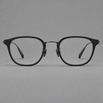 Retro soft square eyeglasses in acetate and titanium with a curved bridge and slender temples in Matte Black / Antique Copper, front view additional product view