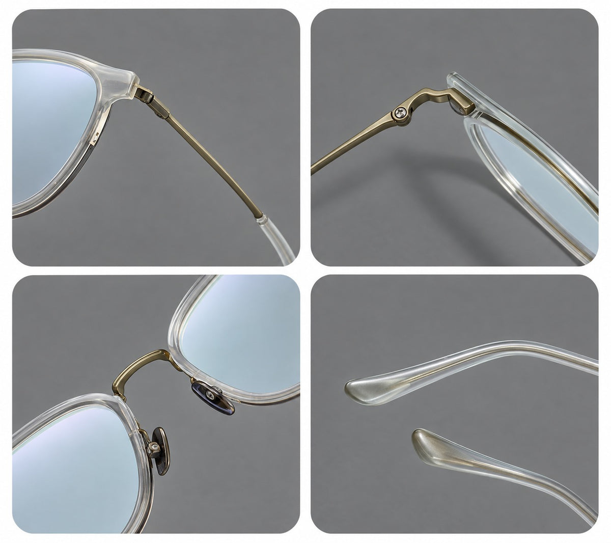 Retro soft square eyeglasses in acetate and titanium with a curved bridge and slender temples, frame details