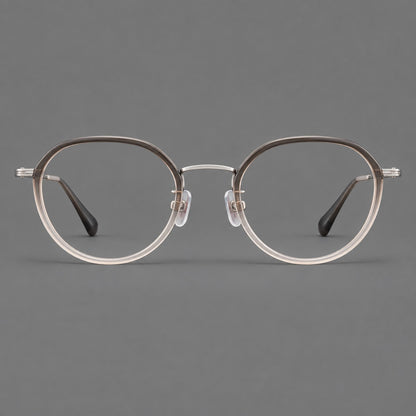 Rounded eyeglasses in acetate and titanium with gently arched brows and engraved metal temples in Mist Grey Gradient / Silver, front view frame detail