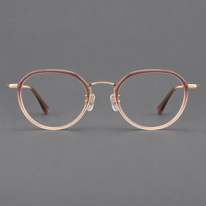 Rounded eyeglasses in acetate and titanium with gently arched brows and engraved metal temples in Pink Tea Gradient / Rose Gold, front view temple detail