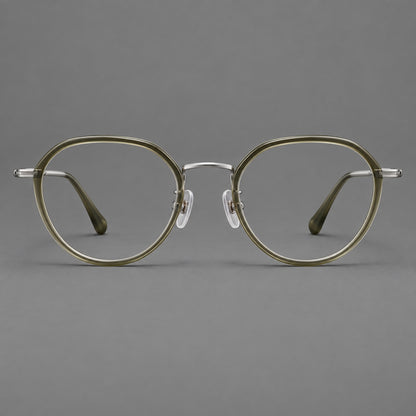 Rounded eyeglasses in acetate and titanium with gently arched brows and engraved metal temples in Grey Green / Silver, front view additional product view