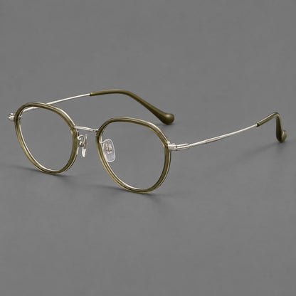 Rounded eyeglasses in acetate and titanium with gently arched brows and engraved metal temples in Grey Green / Silver, three quarter view additional product view