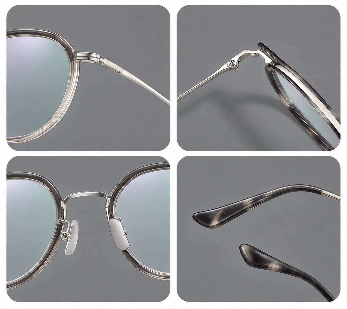 Rounded eyeglasses in acetate and titanium with gently arched brows and engraved metal temples, frame details