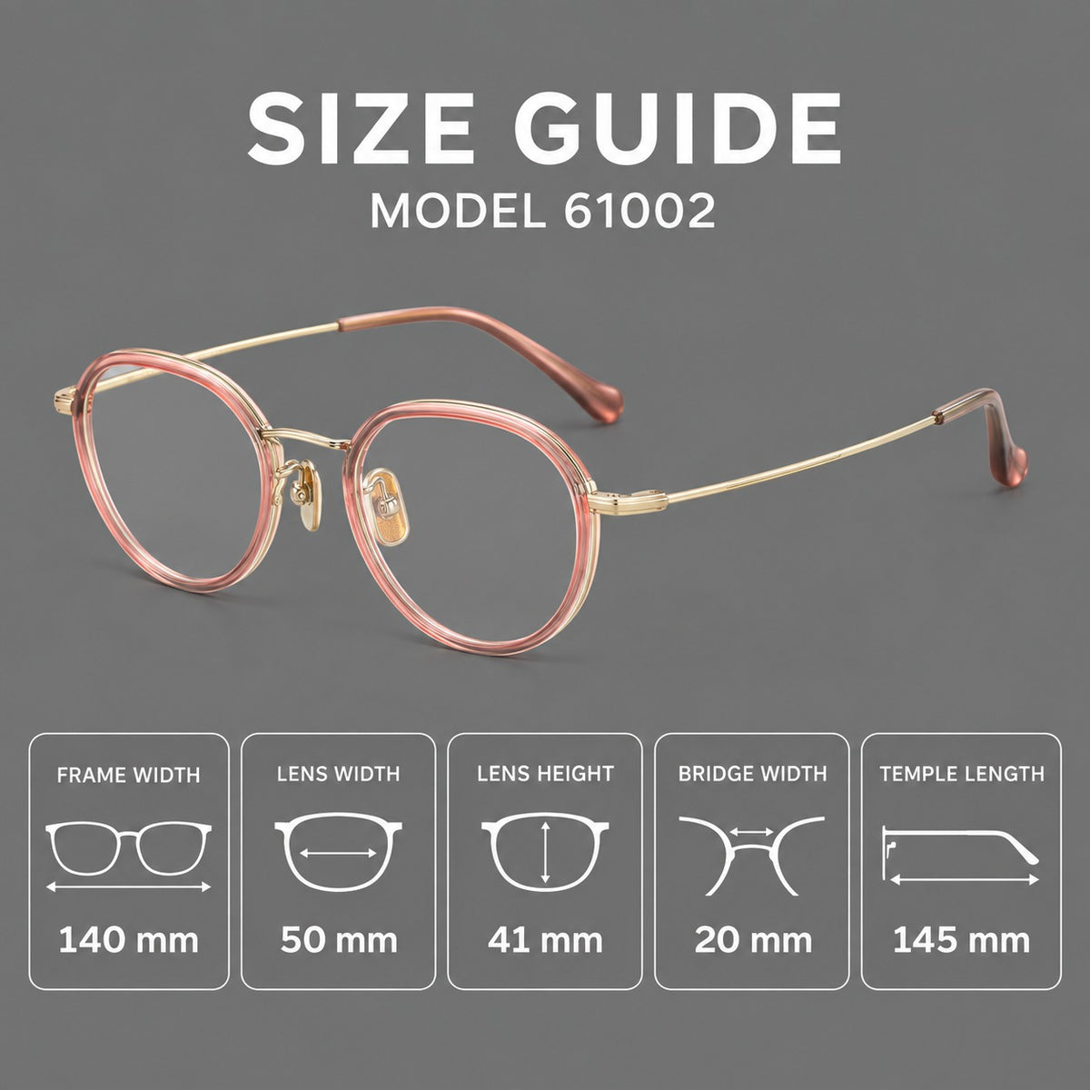 Rounded eyeglasses in acetate and titanium with gently arched brows and engraved metal temples, size guide in millimetres