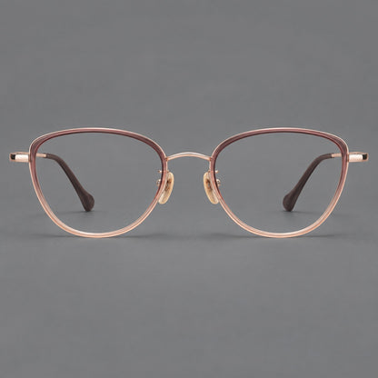 Upswept eyeglasses in acetate and titanium with softly rounded rims and tapered metal temples in Pink Tea Gradient / Rose Gold, front view frame detail