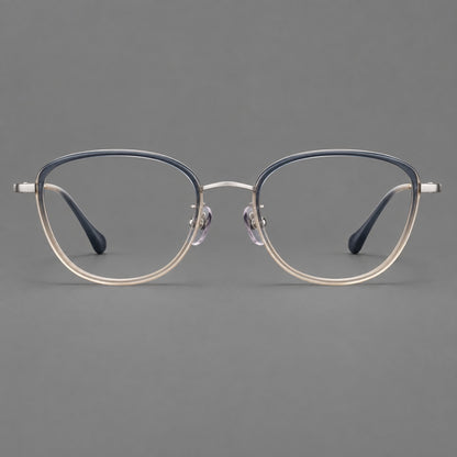 Upswept eyeglasses in acetate and titanium with softly rounded rims and tapered metal temples in Blue Tea Gradient / Gunmetal, front view temple detail