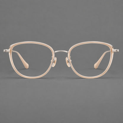Upswept eyeglasses in acetate and titanium with softly rounded rims and tapered metal temples in Nude Pink / Silver, front view additional product view