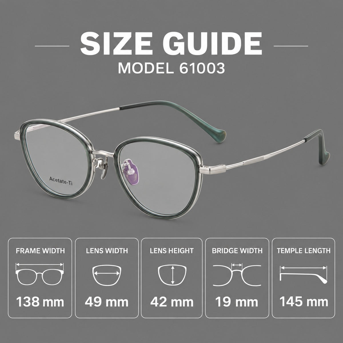 Upswept eyeglasses in acetate and titanium with softly rounded rims and tapered metal temples, size guide in millimetres