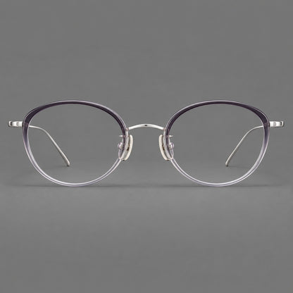 Round eyeglasses in acetate and titanium with a slim curved bridge and fine metal temples in Purple Gradient / Silver, front view additional product view