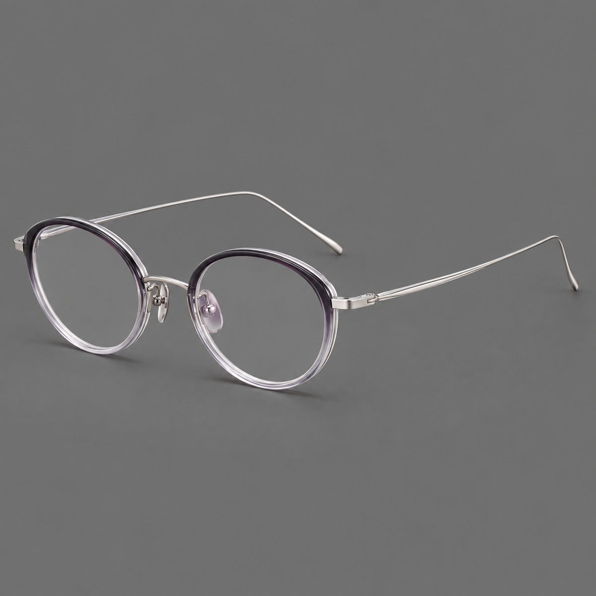 Round eyeglasses in acetate and titanium with a slim curved bridge and fine metal temples in Purple Gradient / Silver, three quarter view