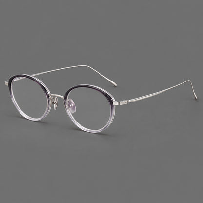 Round eyeglasses in acetate and titanium with a slim curved bridge and fine metal temples in Purple Gradient / Silver, three quarter view additional product view