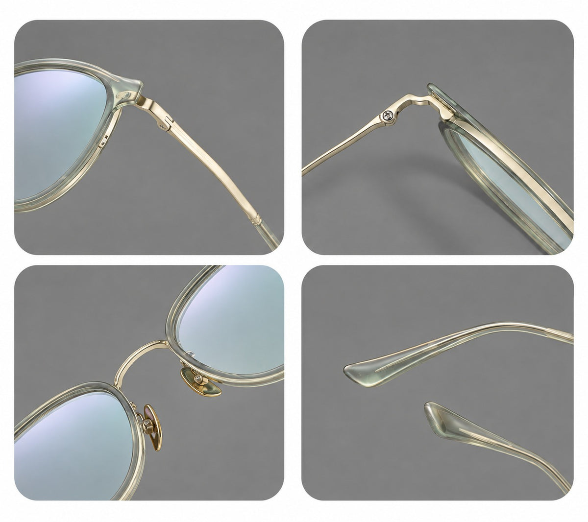 Round eyeglasses in acetate and titanium with a slim curved bridge and fine metal temples, frame details