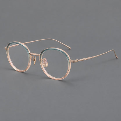 Classic round eyeglasses in acetate and titanium with slim rims and textured metal temples in Blue Tea Gradient / Rose Gold, three quarter view front view