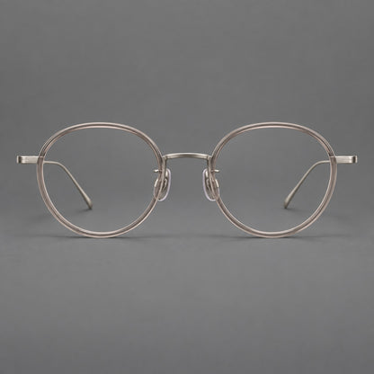 Classic round eyeglasses in acetate and titanium with slim rims and textured metal temples in Grey Pink Gradient / Gunmetal, front view temple detail