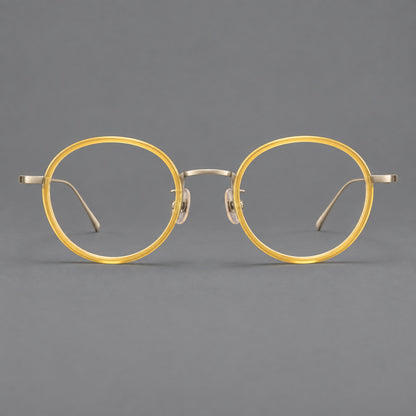 Classic round eyeglasses in acetate and titanium with slim rims and textured metal temples in Lemon Yellow / Gold, front view additional product view