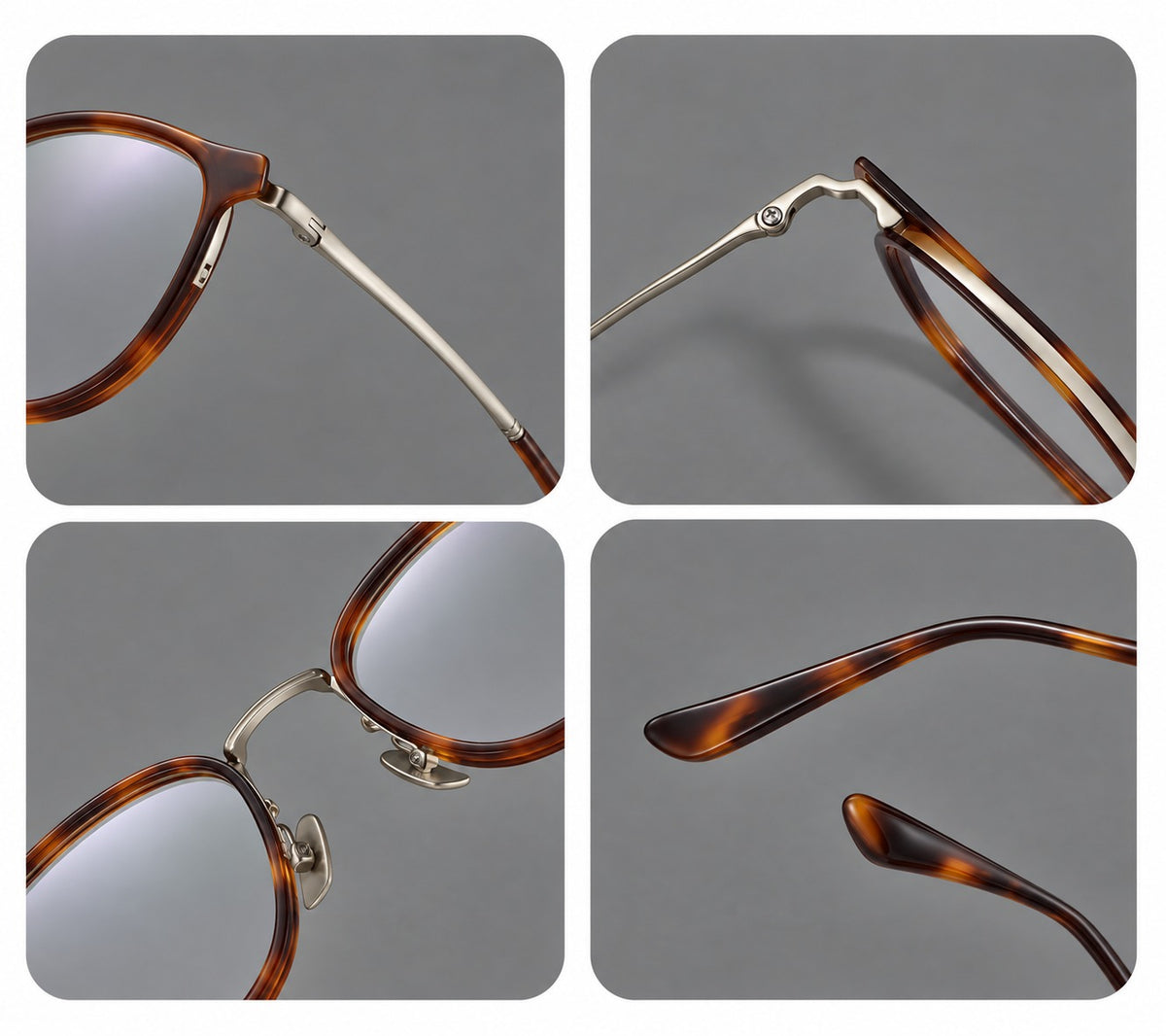 Classic round eyeglasses in acetate and titanium with slim rims and textured metal temples, frame details