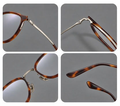 Classic round eyeglasses in acetate and titanium with slim rims and textured metal temples, frame details additional product view