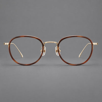 Vintage round eyeglasses in acetate and titanium with an engraved bridge and slender temples in Tortoiseshell / Light Gold, front view side view